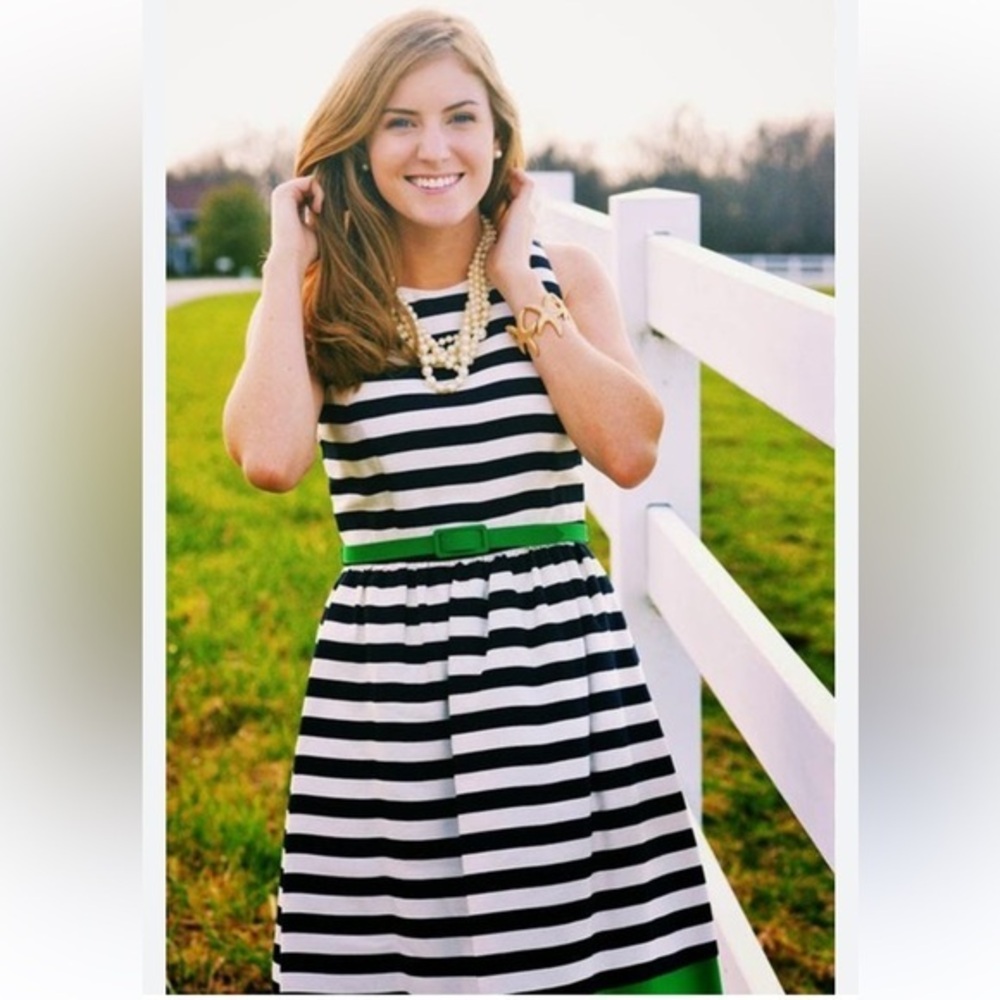 Eliza J Sleeveless Knit Fit Flare Dress Navy White Green Belted Mini Dress Zs 6